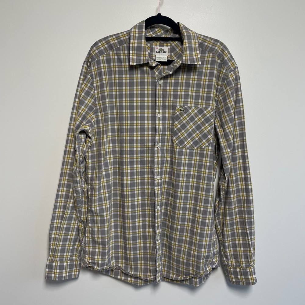 Lacoste Slim Fit Men's‎ Long Sleeve Plaid Button Down Shirt Size 40 M Logo